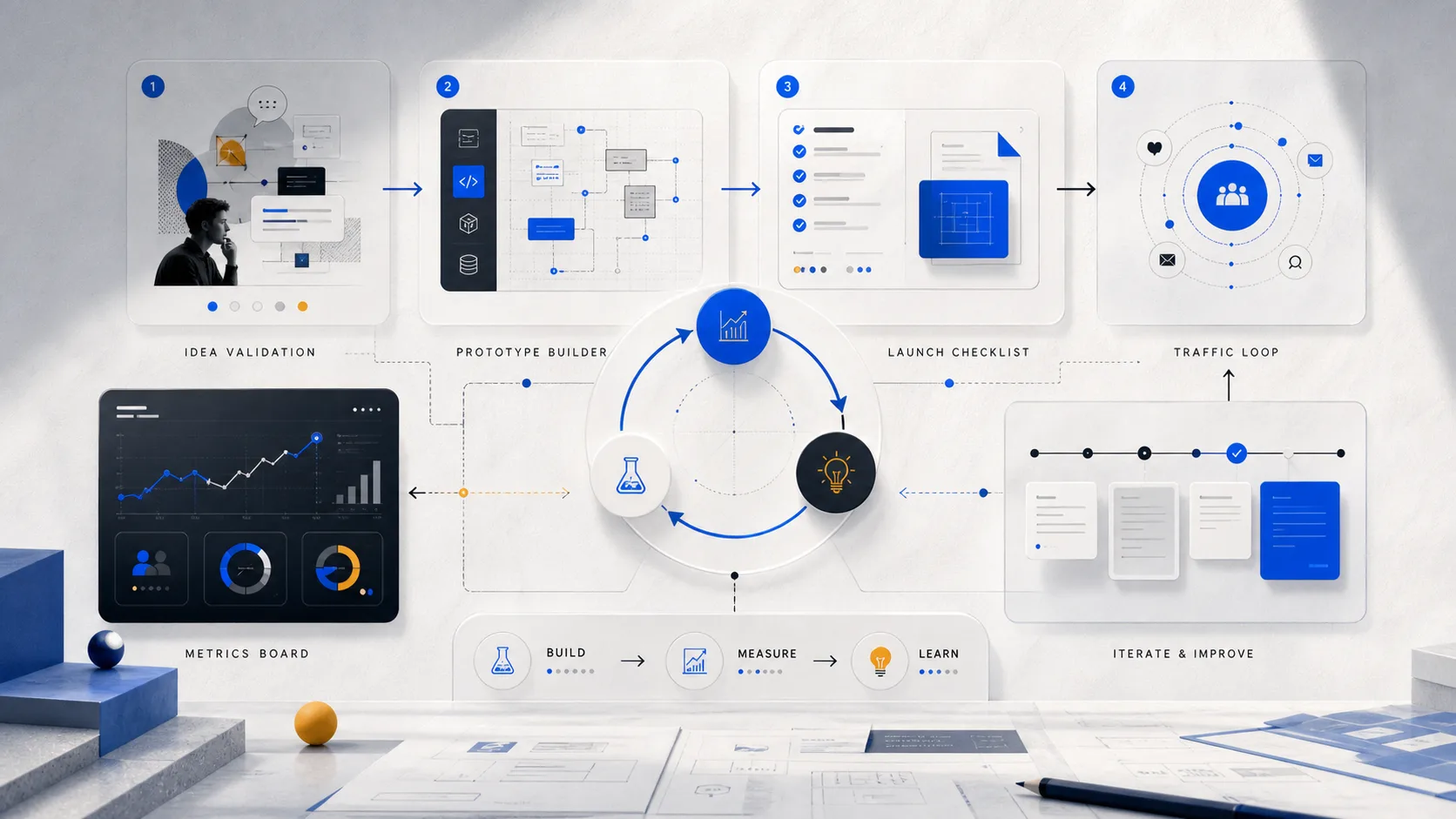 Abstract indie hacker workflow with launch, metrics, validation, and product loops