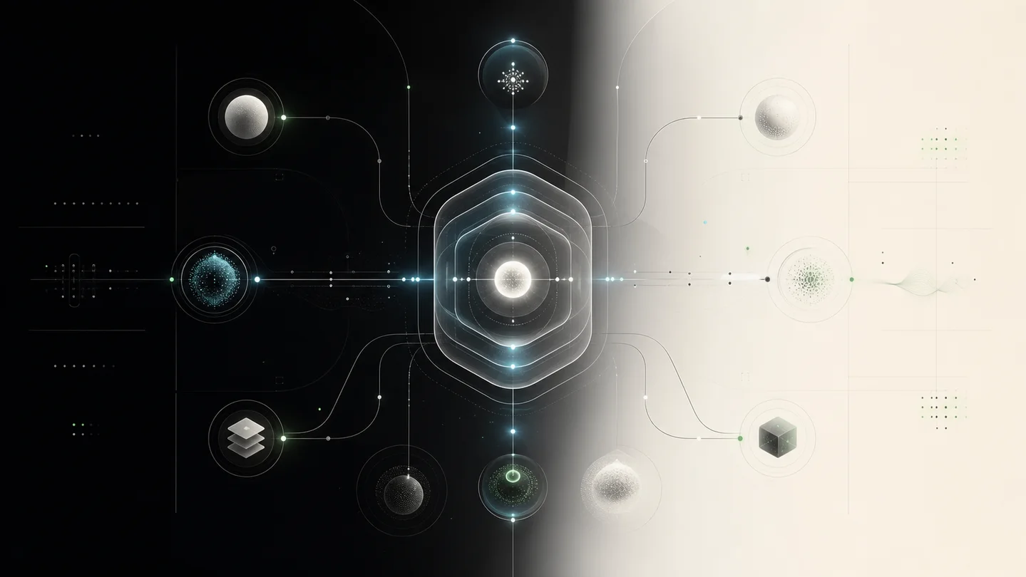 Abstract AI agent network with connected tools and a central orchestration core