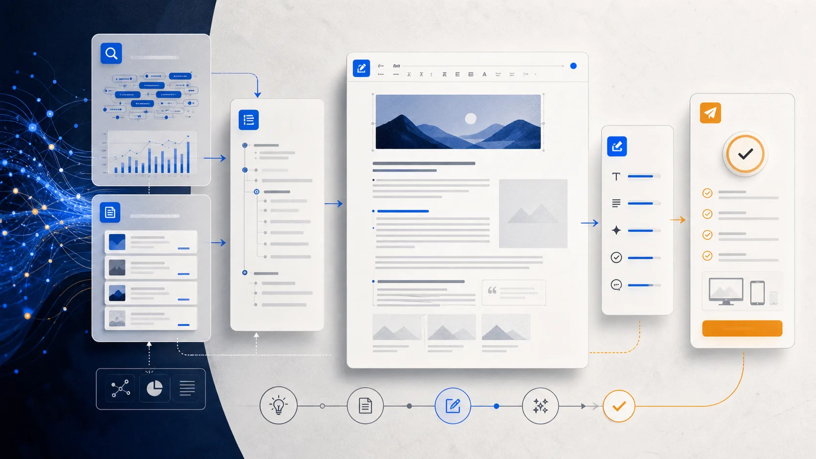 Abstract blog writing system with keyword signals, source cards, outline builder, and publish checklist