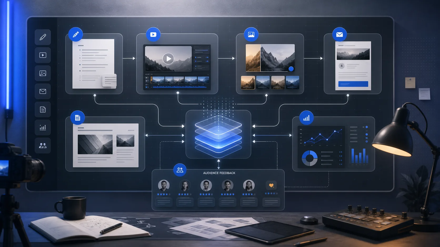 Abstract creator AI stack with script, video, newsletter, blog, analytics, and audience modules