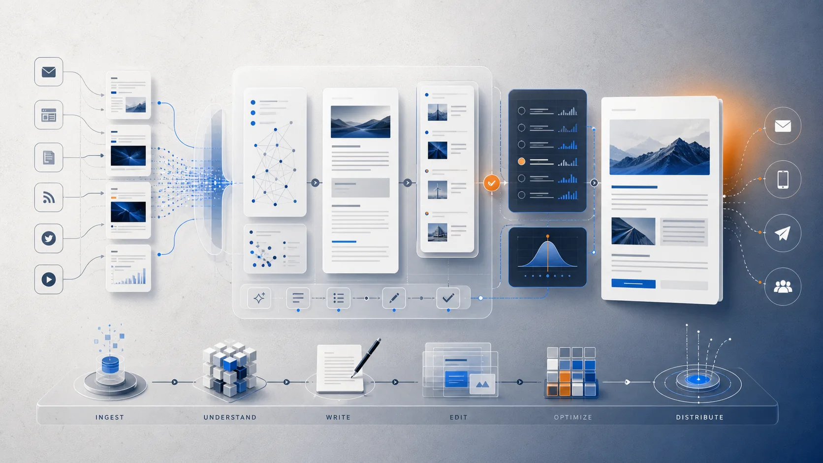Abstract newsletter production system turning sources into an editorial digest