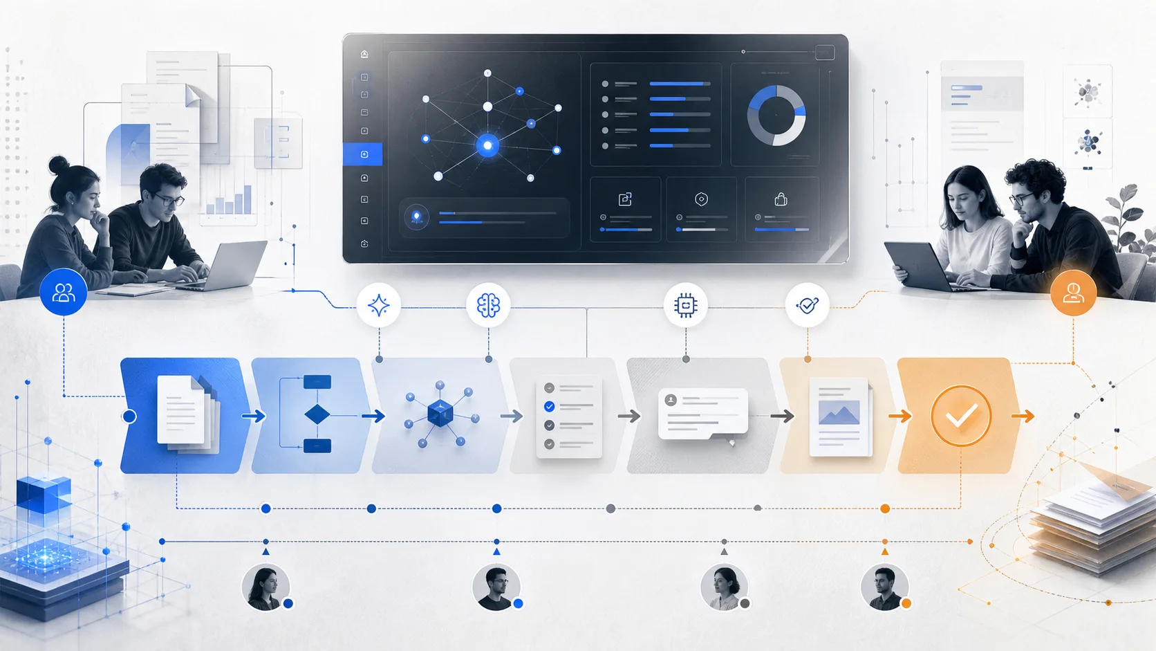 Abstract small-team AI workflow with handoff lanes, automation triggers, and review checkpoints