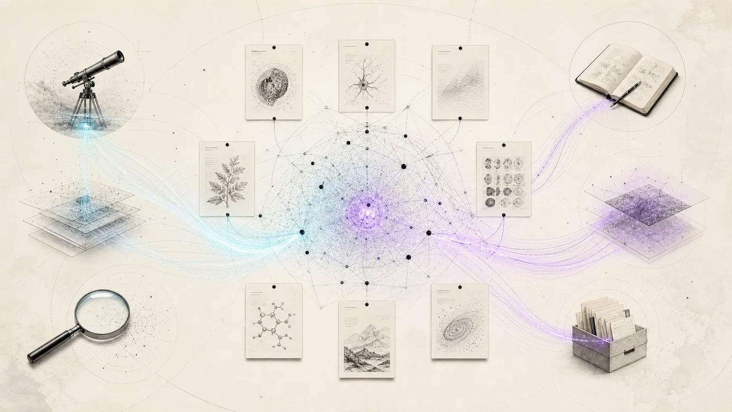 Abstract research constellation connecting papers, notes, sources, and evidence paths