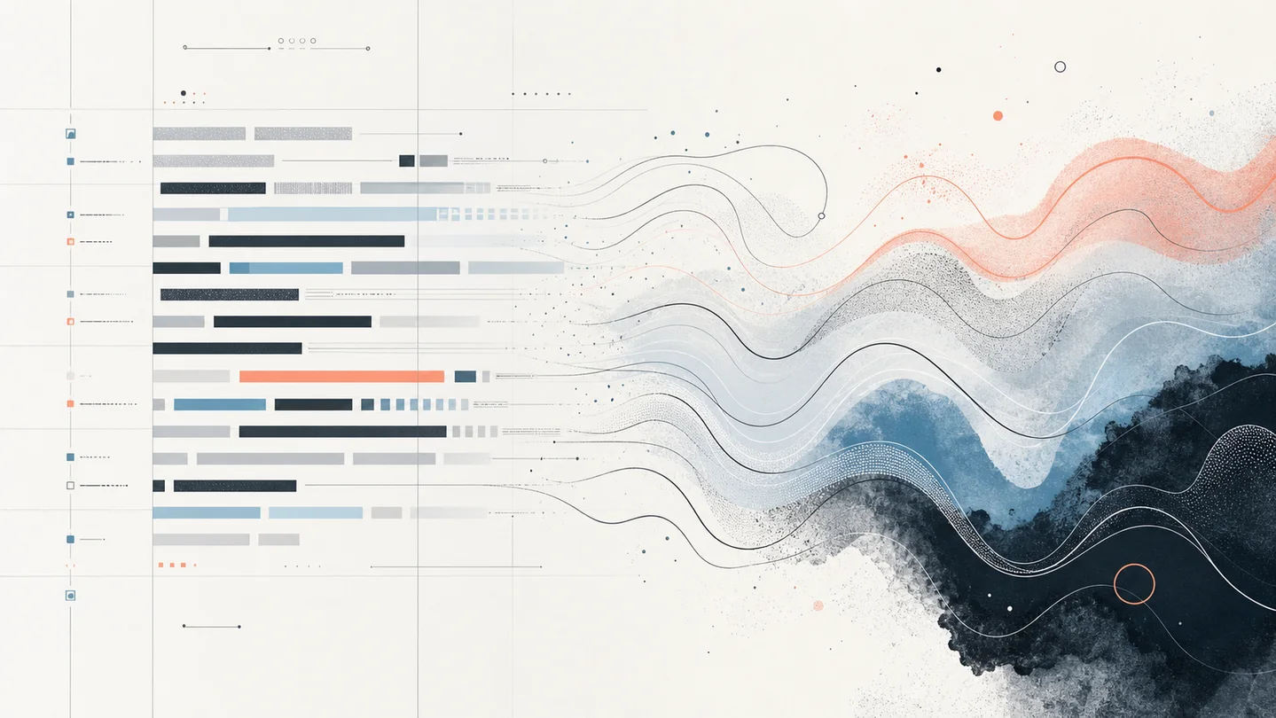 Abstract text layers transforming from rigid lines into natural editorial signal waves